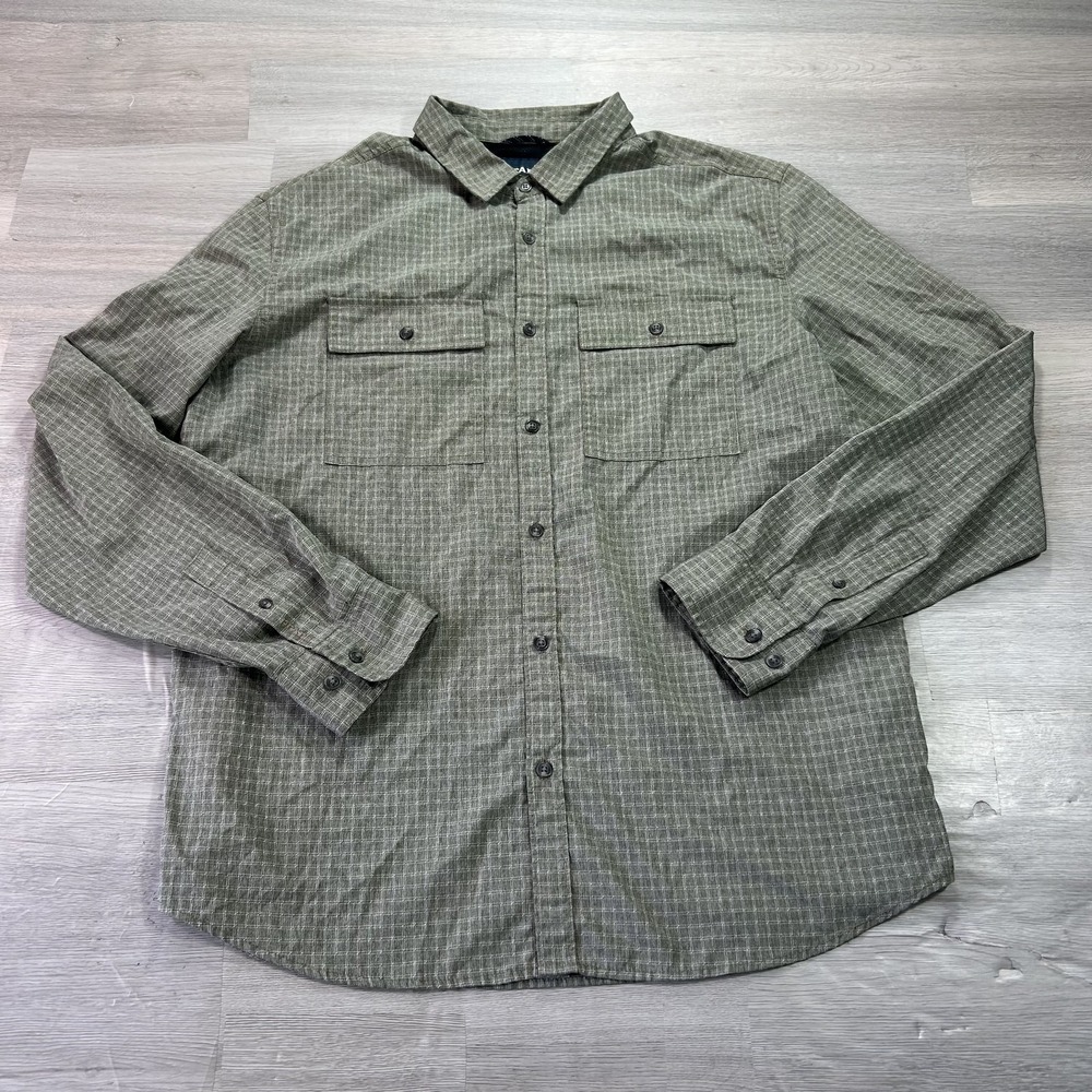 PrAna Shirt Mens Large Green Check Long Sleeve Button Up Vented Pockets Casual